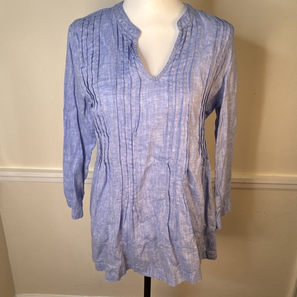 ST. TROPEZ WEST Blue LINEN Long‎ Sleeve Women Medium M Tunic Top Pintuck Blouse